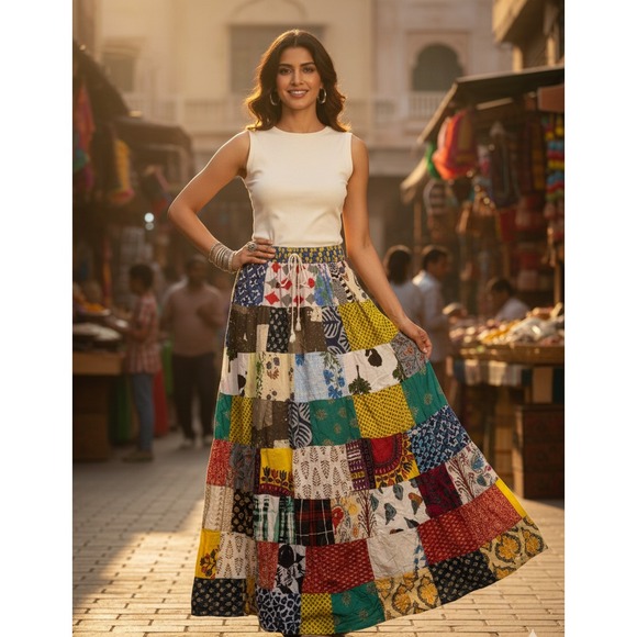 Handmade Dresses & Skirts - Vintage Patchwork Handmade Skirt Women's Size Small/Medium Drawstring Abstract